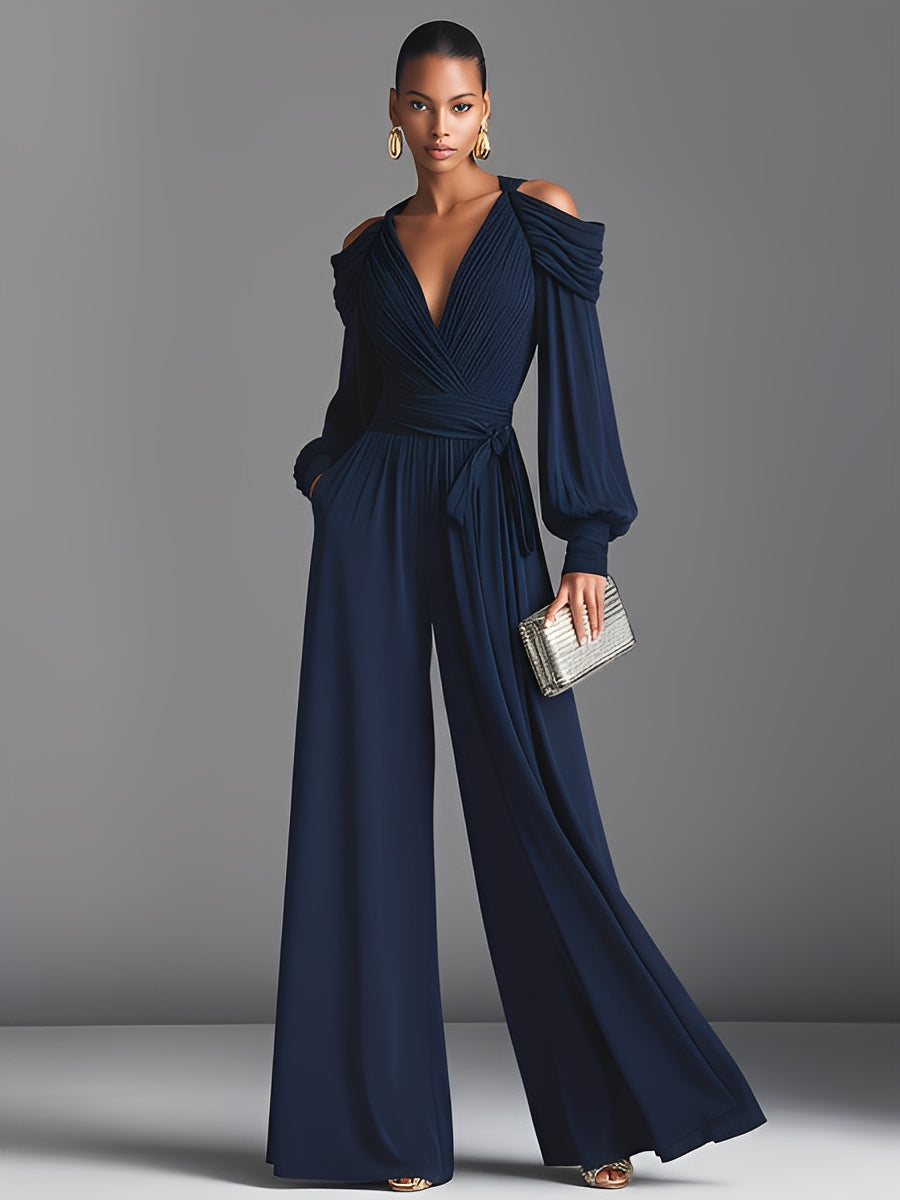 Women's Navy Blue Stretch Woven Off-Shoulder Wrap-Up Jumpsuit With Elegant Tie Design MDA2746K6I