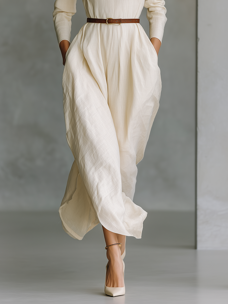 Women's Ivory Linen Fabric Deep V-Neck Embroidered Trim Belted Maxi Dress MDA1540L2T