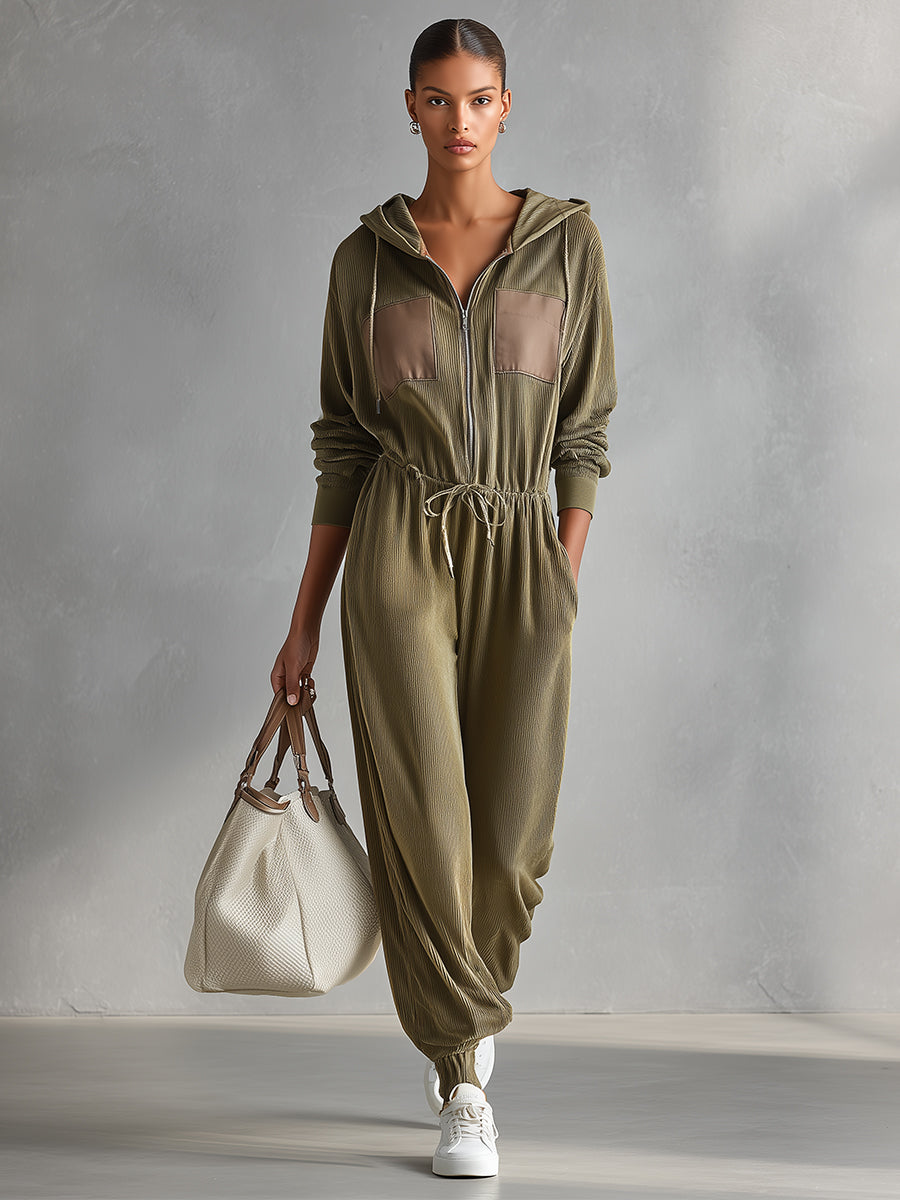 Women's Olive Green Relaxed Knit Drawstring - Waist Hooded Jumpsuit MDA1564I7I