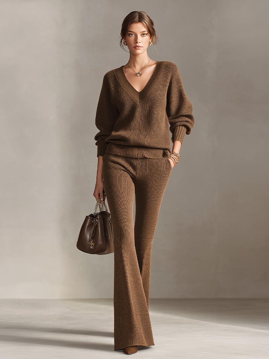 Women's Brown Rib-Knit Sophisticated V-Neck Sweater & Flared Pant Set MDA0175K2I