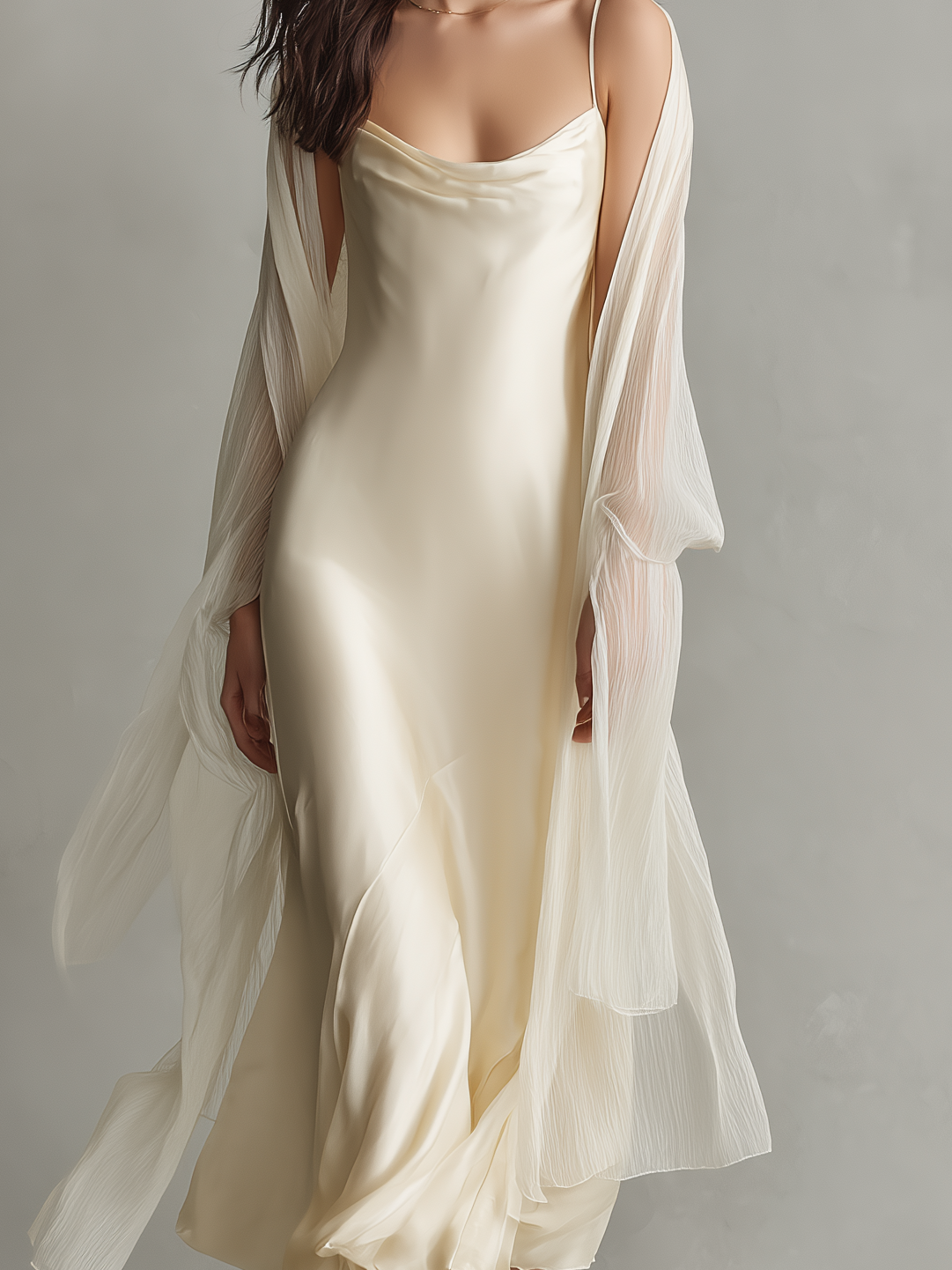 Women's Elegant Beige Satin Sleeveless Maxi Dress With Chiffon Cardigan Set MDZ2677B3AN