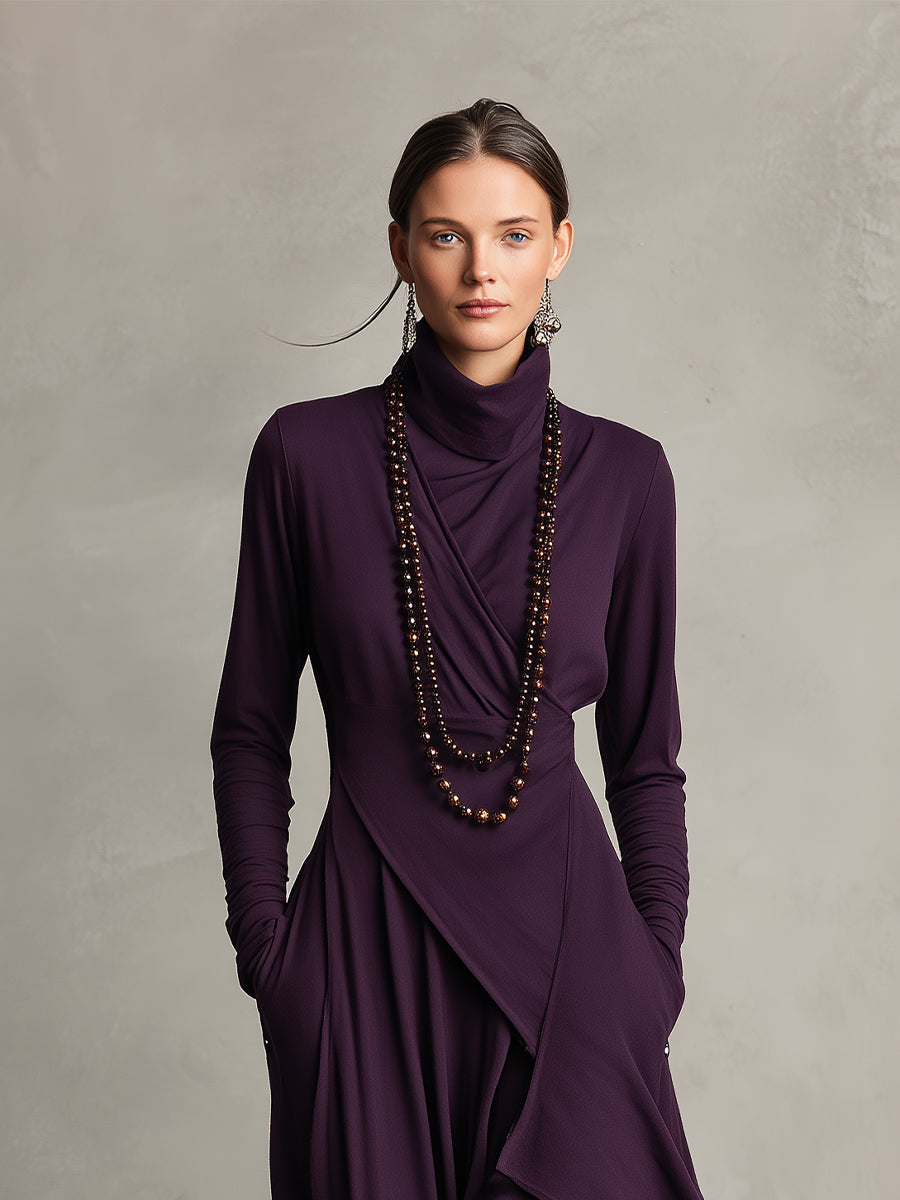 Women's Purple Bohemian Cotton Stretch Turtleneck Asymmetrical Draped – Modesees