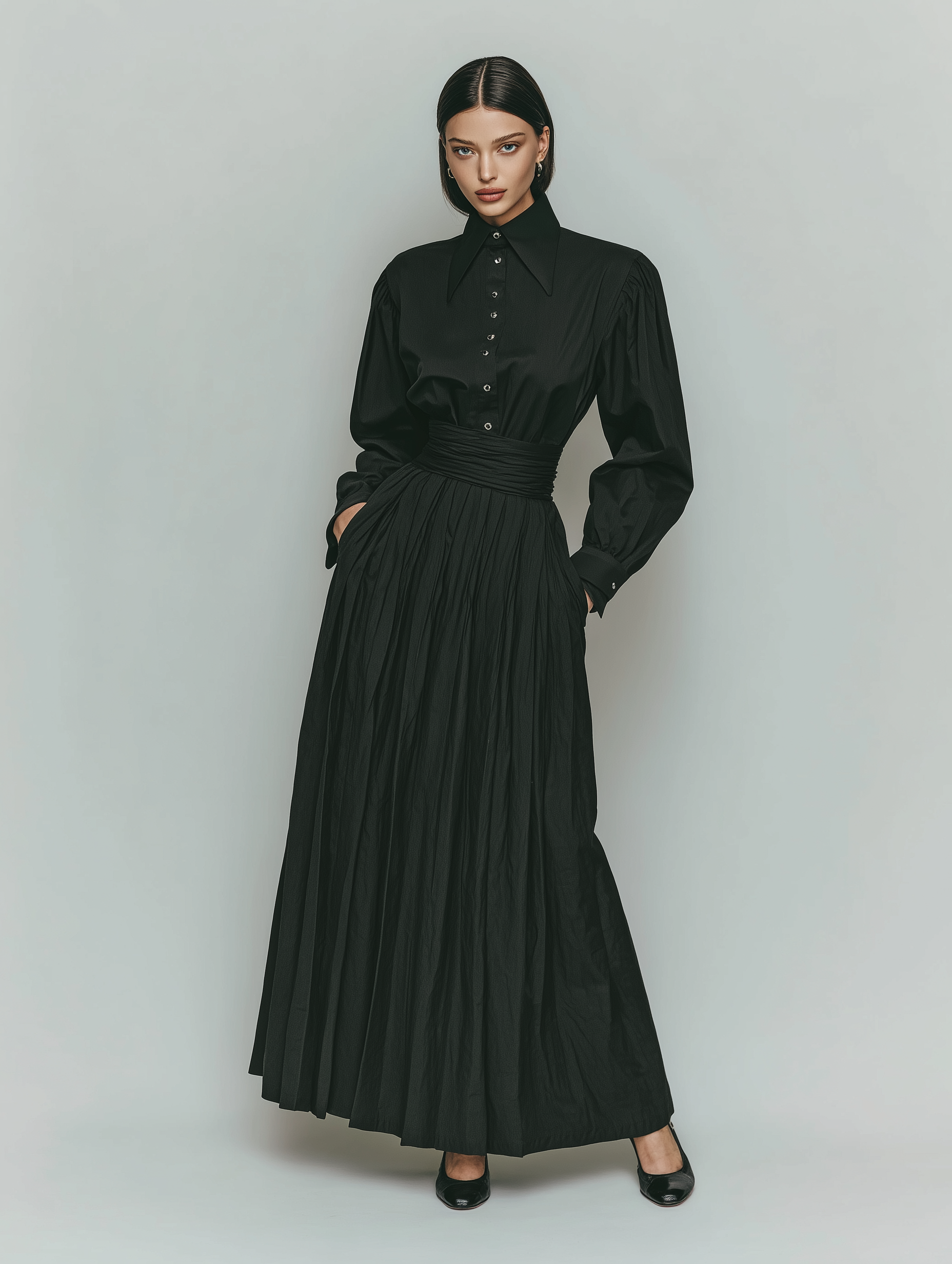 Women's Stylish And Elegant Black Long-sleeved Shirt Paired With A Black Pleated Midi Skirt With Gathered Waist MDA2039K4AN