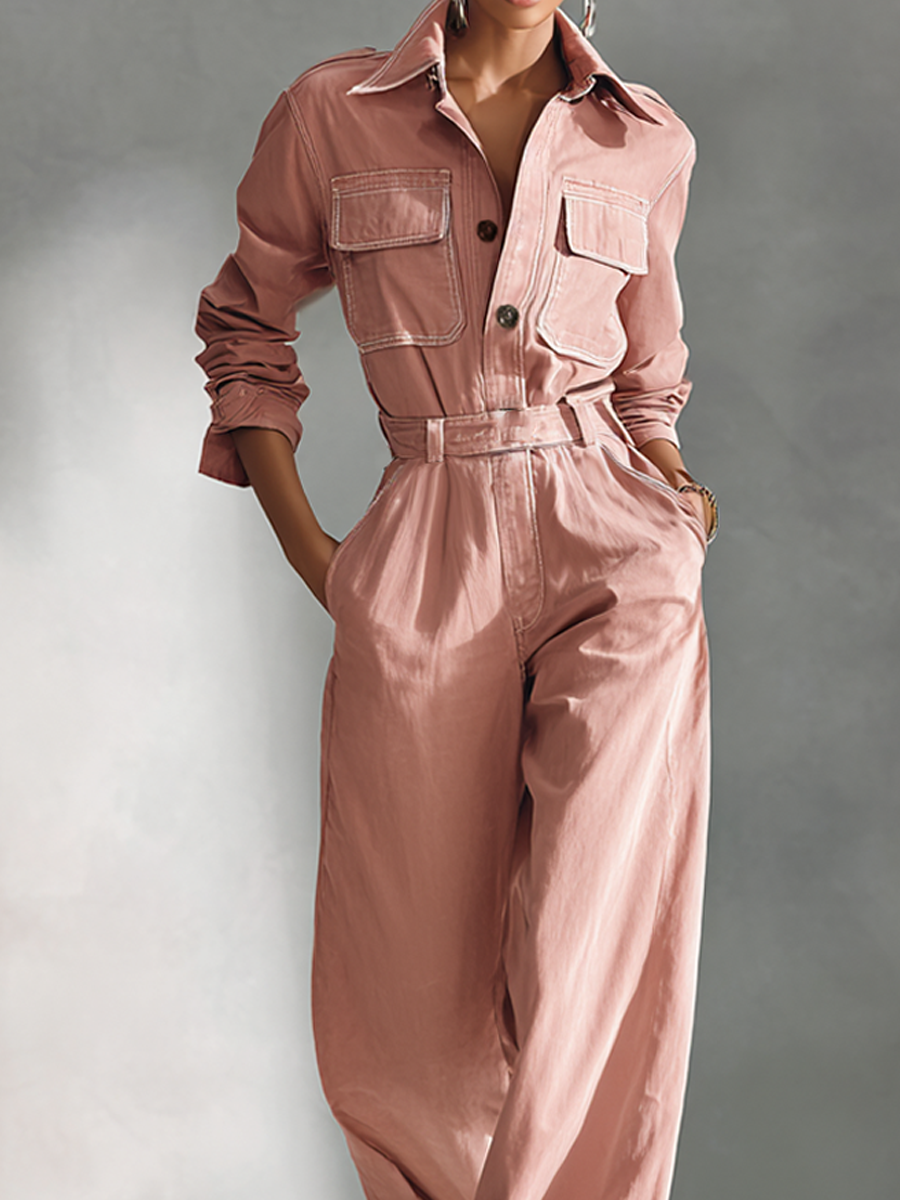 Women's Light Pink Collared Pocket Jumpsuit (Belt Not Included) MDA1001L0AP