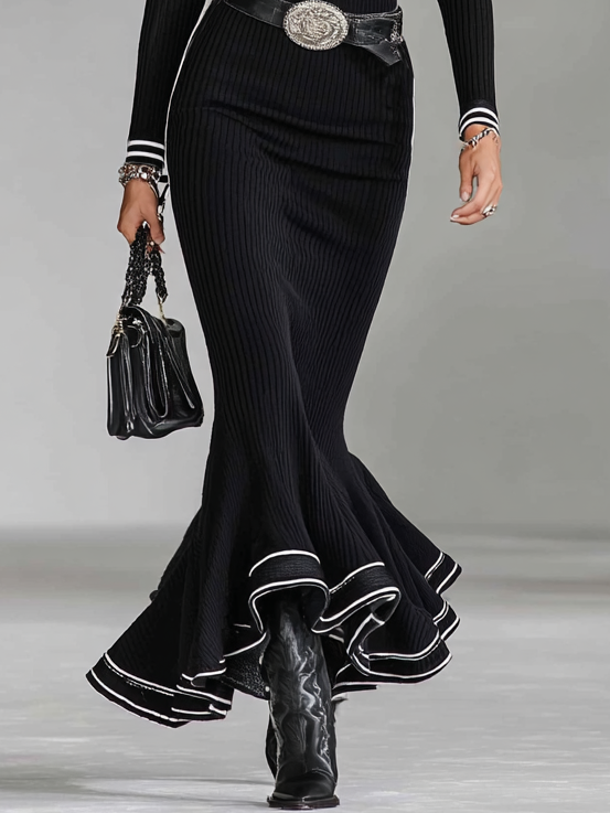 Women's Knitted Lapel V-neck Long-sleeved Slim-fit Hip-wrapped Fishtail Maxi Dress(without Belt) MDA0409H5Y