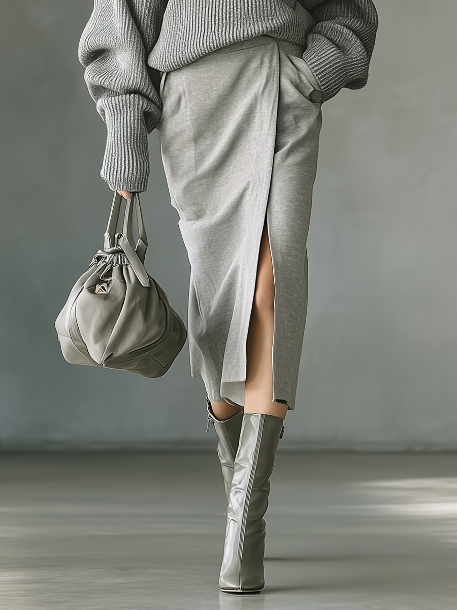 Women's Gray Knitted Sweater And Cotton Blend Air Layer Skirt Set MDA2320J2T