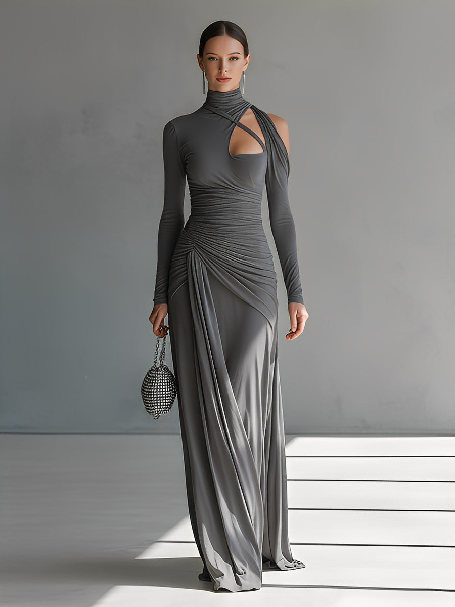 Women's Grey Silky Stretch Sophisticated Ruched Detail Cut-Out Maxi Dress MDA0546K6I