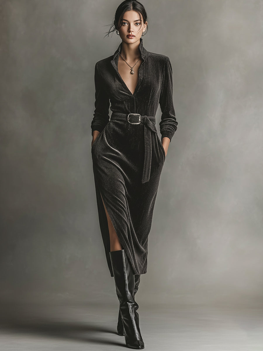 Women's Dark Grey Elegant Corduroy Collared Belted Side - Slit Midi Dress MDA1077J4I
