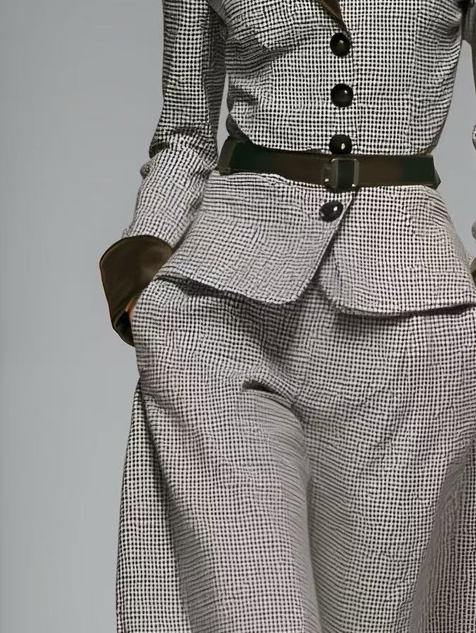 Women's Elegant Retro-style Plaid Patchwork Velvet Long-sleeved Fitted Wide-leg Suit Set MDA0571K2AN