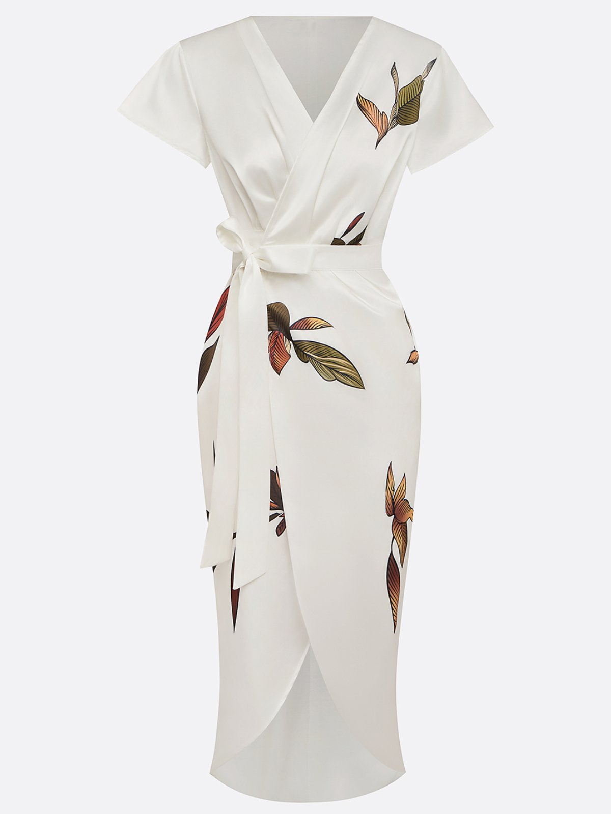Women's Satin Print V-neck Short-sleeved Waisted Midi Dress MDA1139F9Y