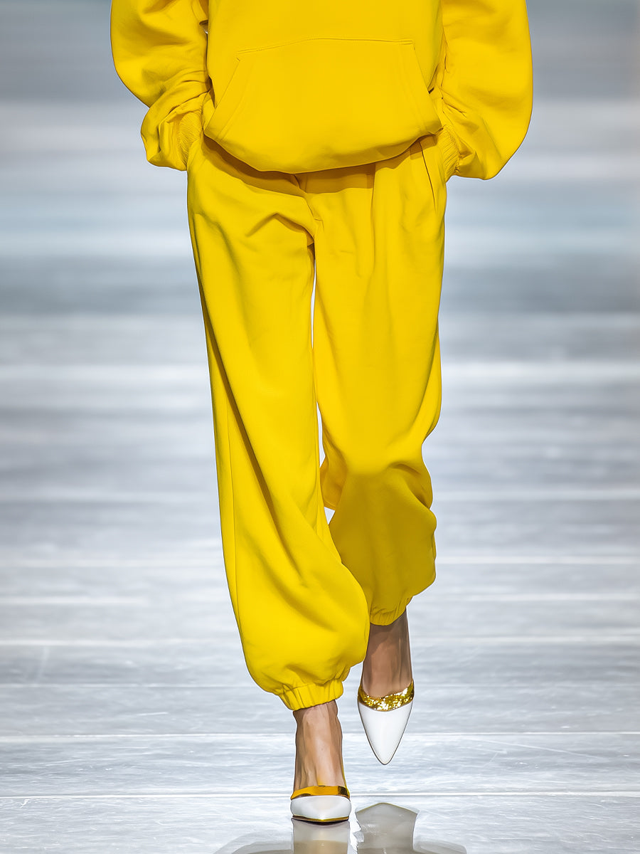 Women's Yellow Cotton-Blend Athleisure Set With Hooded Sweatshirt & Cuffed Pants, Bold Street Style Set MDA0485K8I