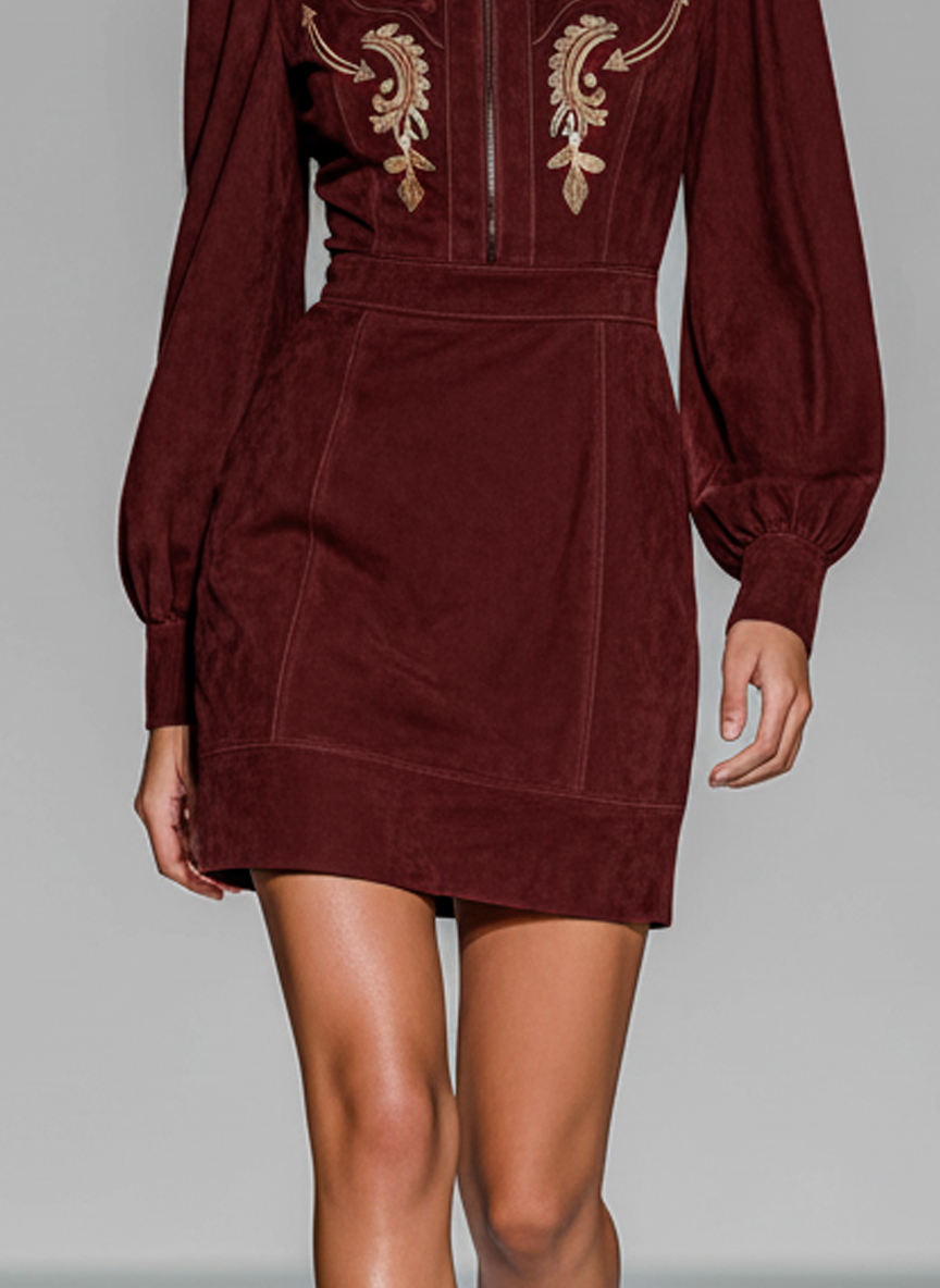 Women's Fitted Waist Faux Suede Embroidery Zipper Collar Mini Dress MDA3070J2Y