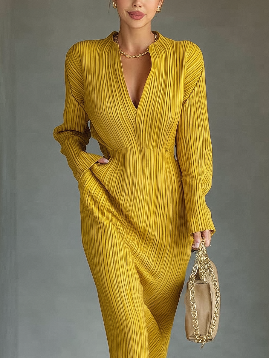 Women's Mustard Yellow Cotton Blend Pleated V-neck Waist Dress MDA1783I1T