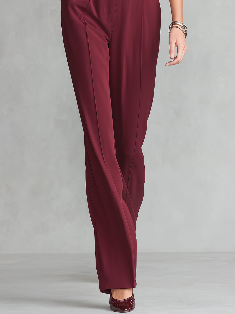 Women's Burgundy Cotton-Blend Elegant Jumpsuit With Shirt Collar & Belted Waist, Timeless Formal Style Jumpsuit MDA2930K3I
