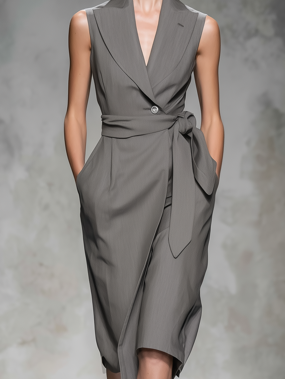 Women's Elegant Gray Sleeveless Collared Suit Dress With Belt MDA2941L2AN