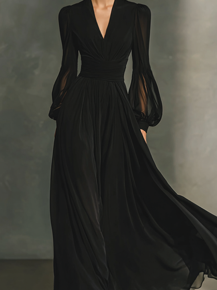 Women's Black Chiffon Deep V-Neck Cinched-Waist Maxi Dress MDA2668K5AP