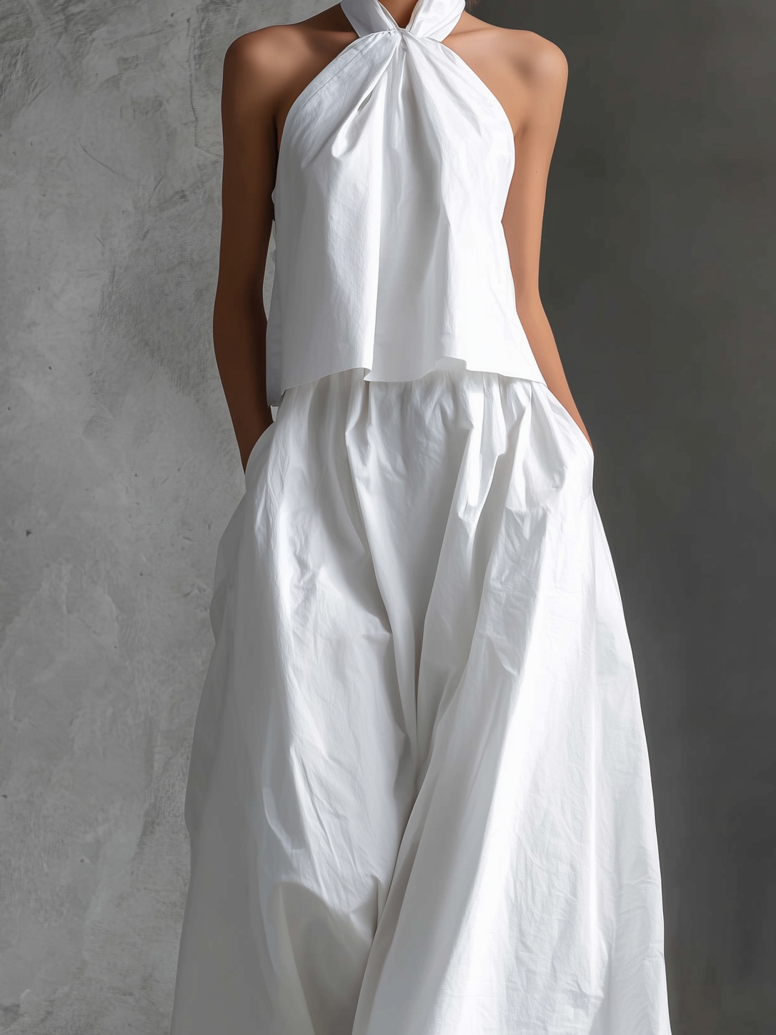 Women's Casual White Cotton And Linen Halter-neck Sleeveless Top And Skirt Set MDZ1269A6AN