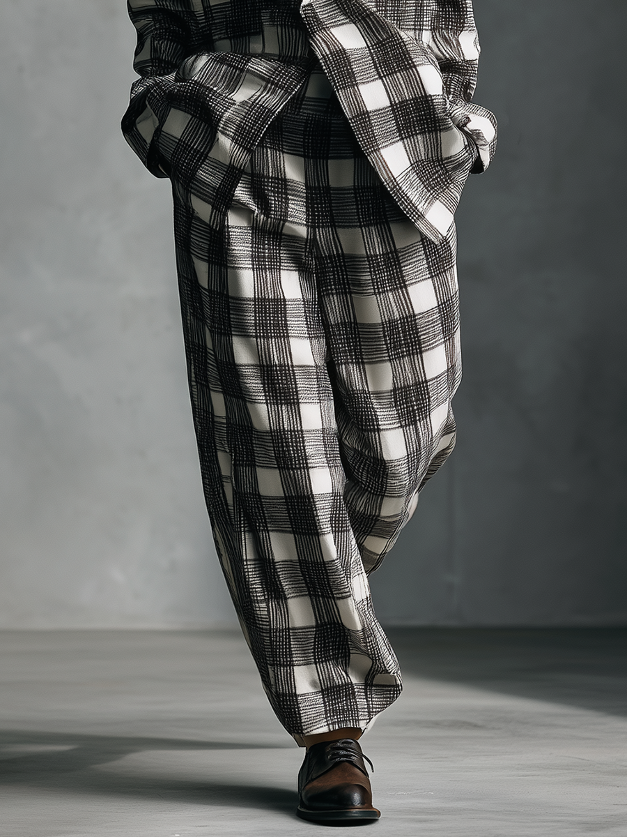 Women's Black And White Checkered Cotton Blend Casual Set MDA0578K4T