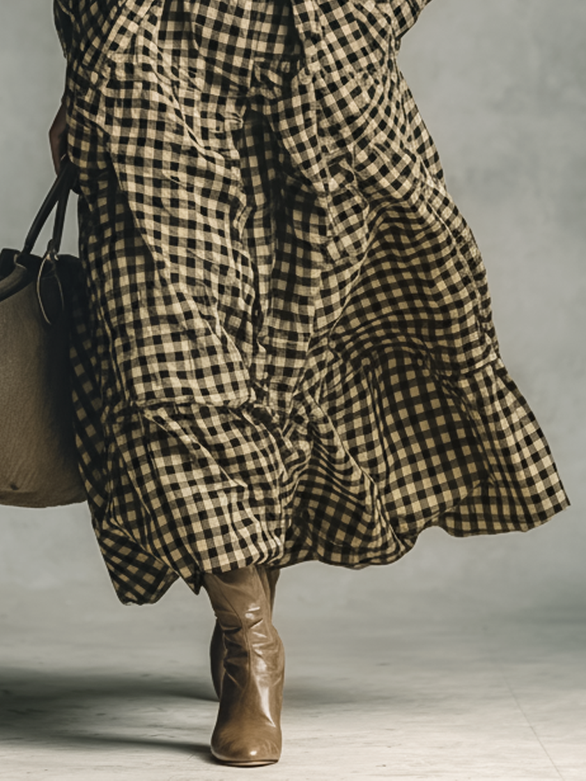 Women's Loose Plaid Stand-up Collar Maxi Dress (without Belt) MDA1678J6Y