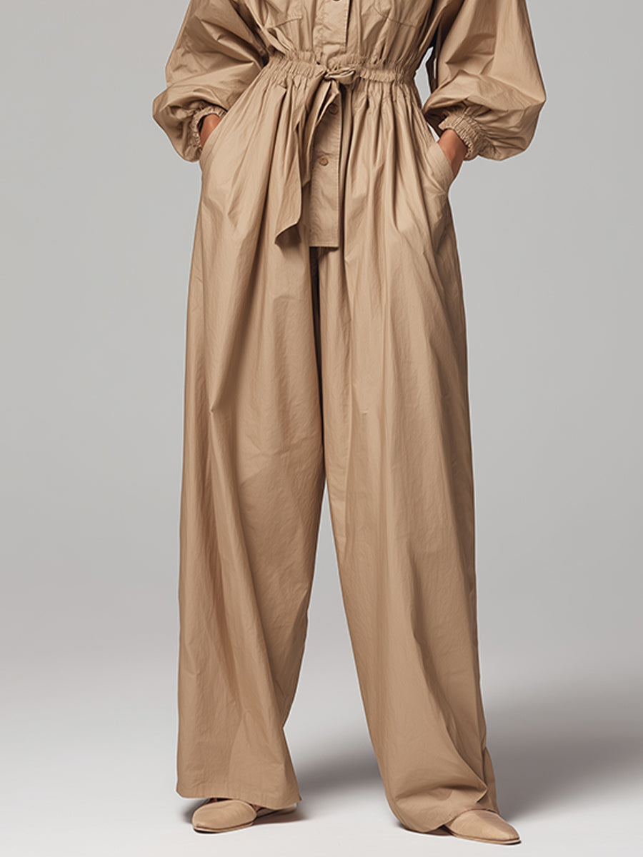 Women's Beige Crisp Cotton Elegant Jumpsuit With Shirt Collar & Tie-Waist, Sophisticated Casual Jumpsuit MDA0315K8I