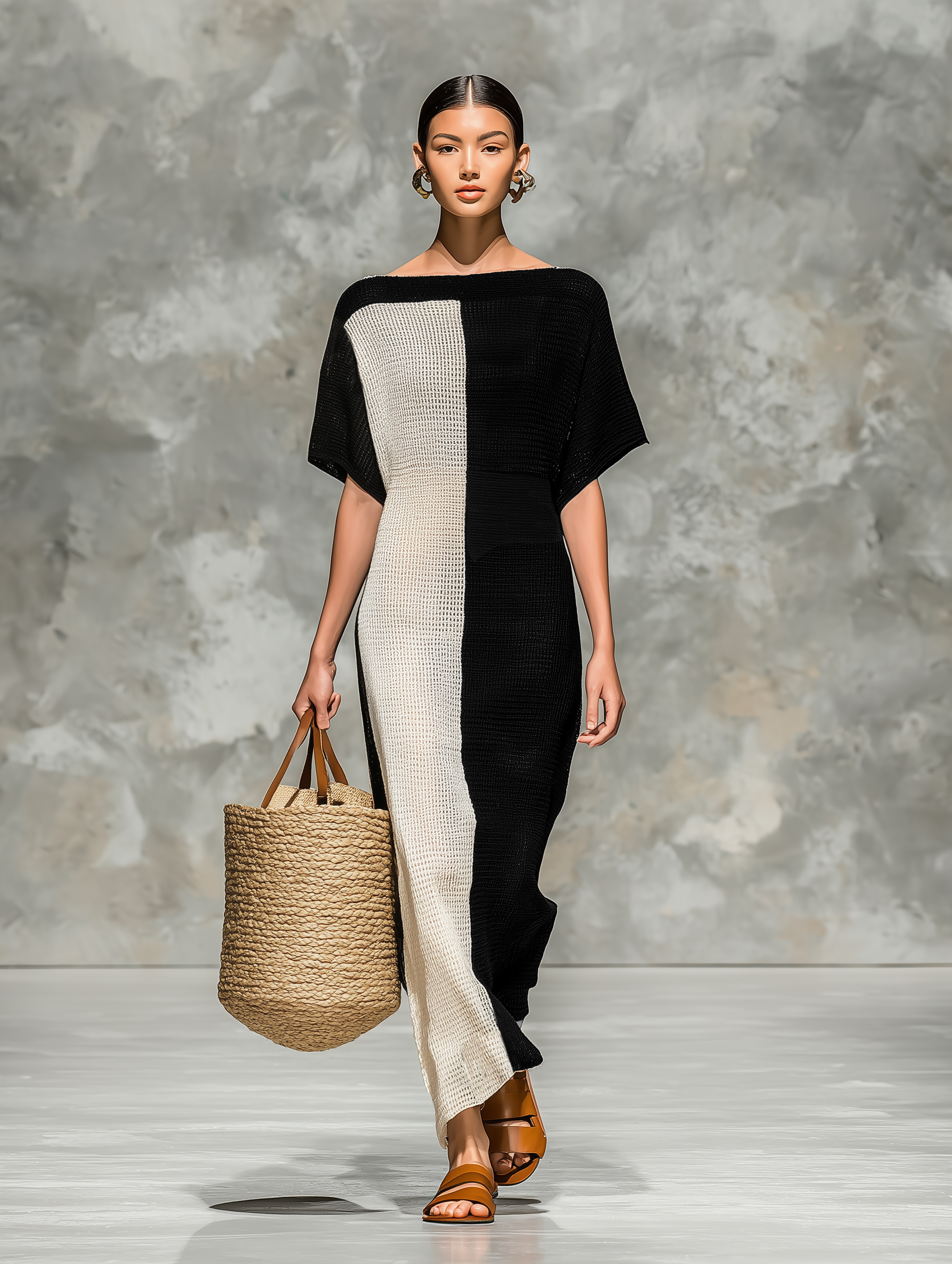 Women's Minimalist Knitted Boat Neck Short-sleeved Maxi Dress MDZ0969A4Y