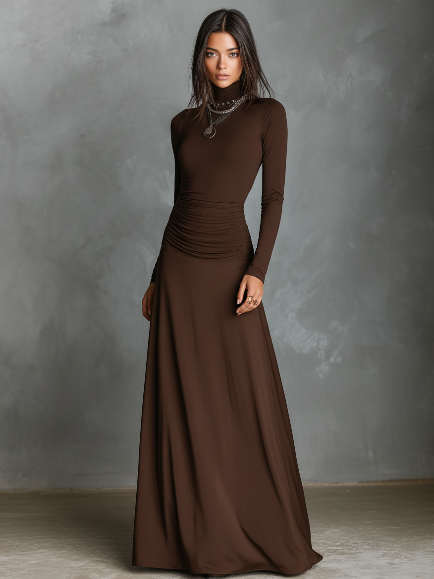 Women's Fitted Stretch Fabric High-neck Maxi Dress MDA0658K9Y