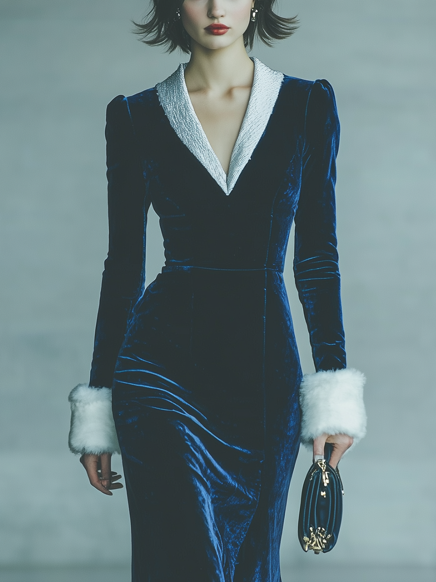 Women's Dark Blue Velvet Raw Edge Elegant Midi Dress MDA2178J6T