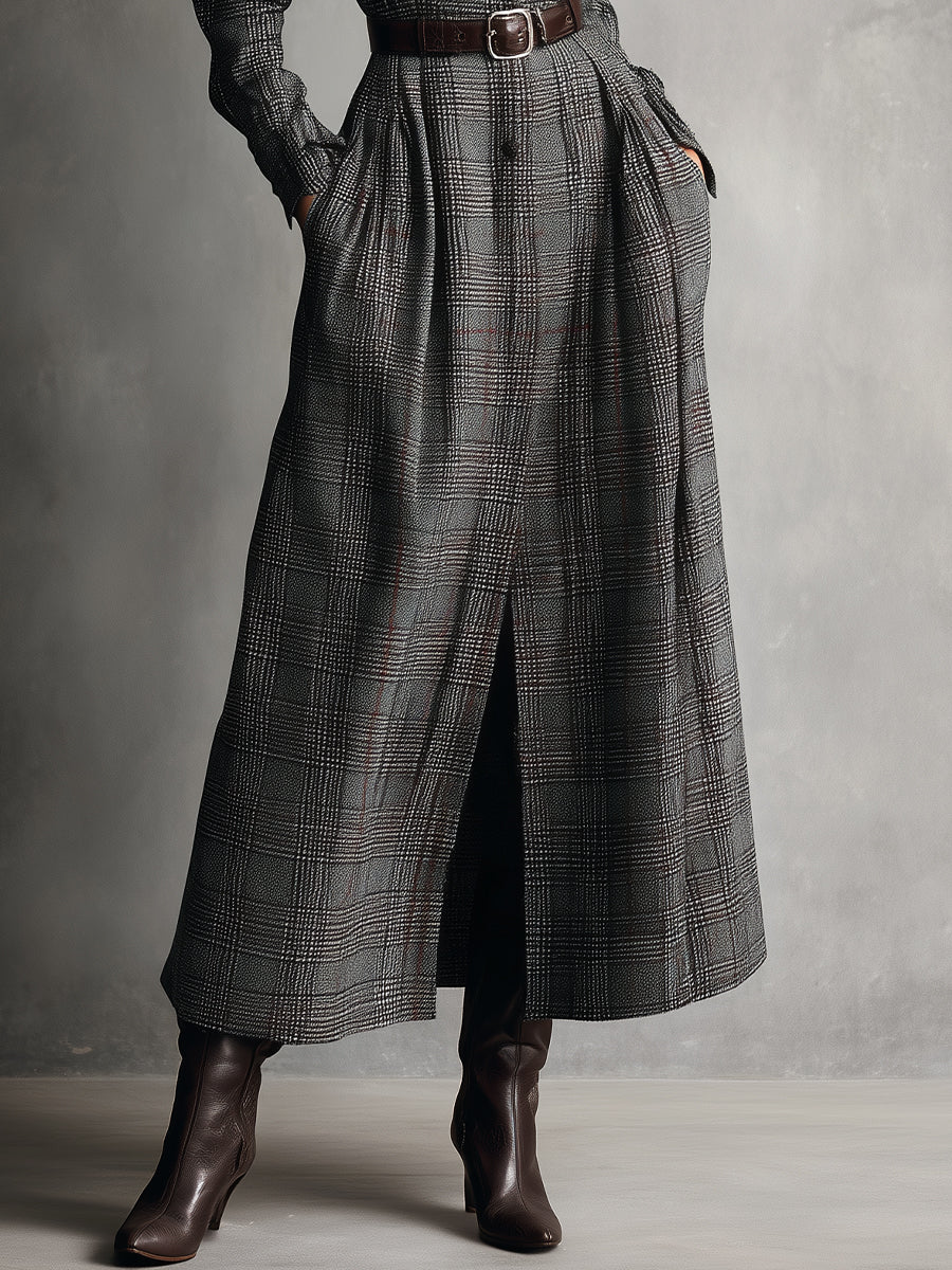 Women's Vintage Gray Plaid Cotton Blend Maxi Dress MDA2570J2I