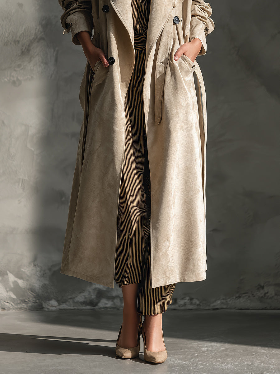 Women's Beige Classic Suede Double - Breasted Trench Coat MDA2043J1I