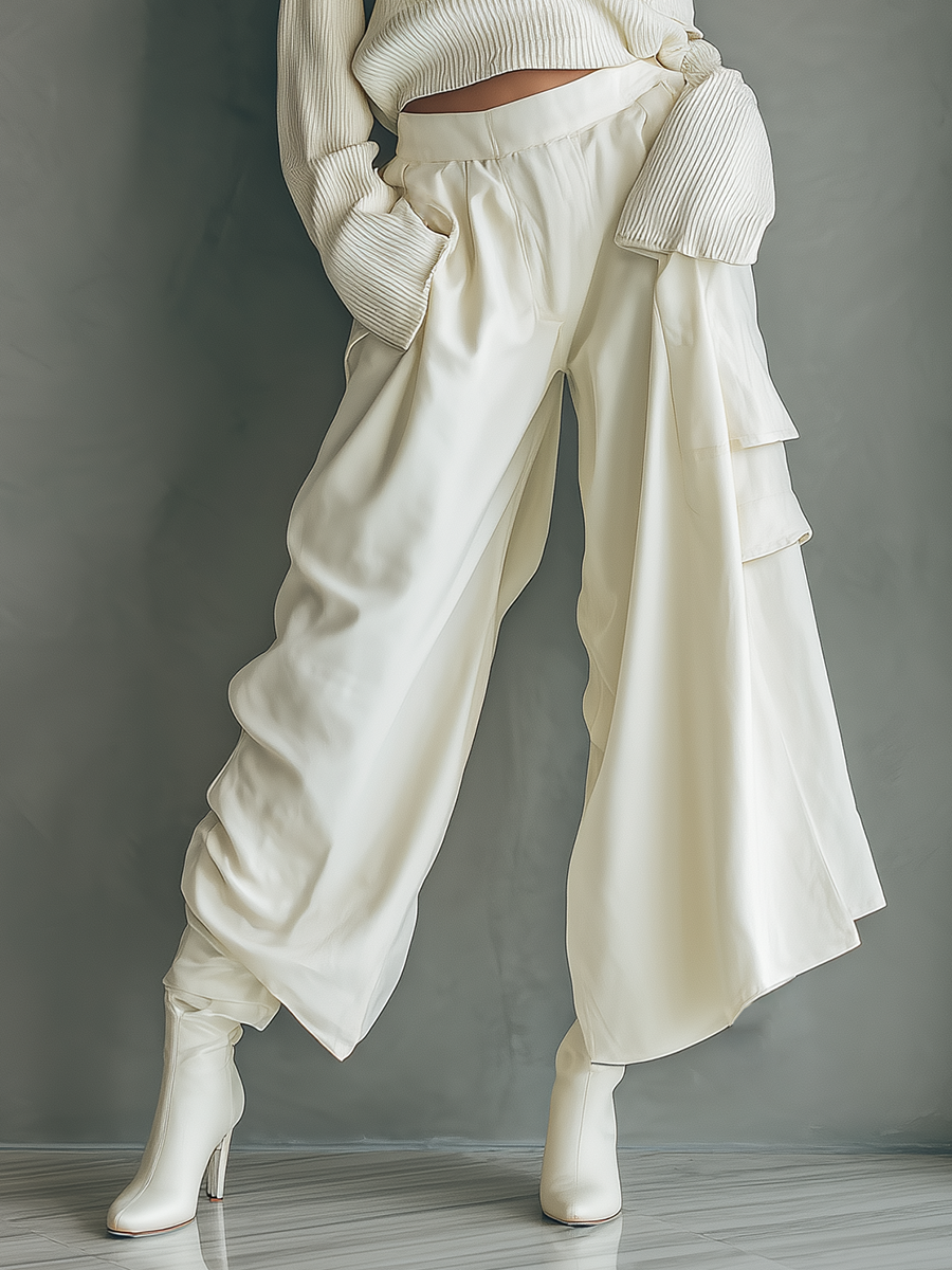 Women's Off-white Knit Top And Wide-leg Pants Set MDA0589K0T