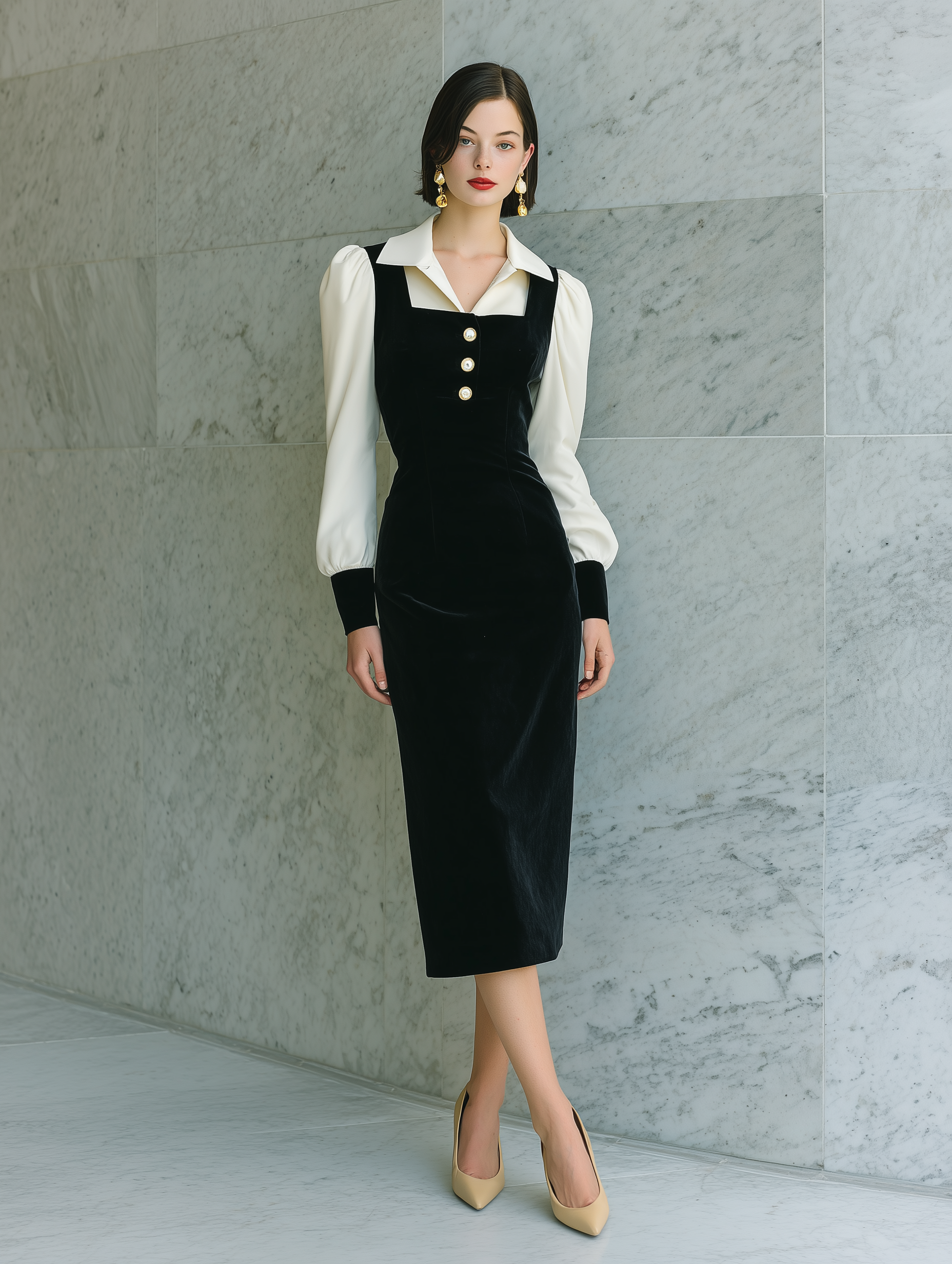 Women's Elegant Velvet Black Shirt Dress With Fitted Long Sleeves MDA2057L9AN