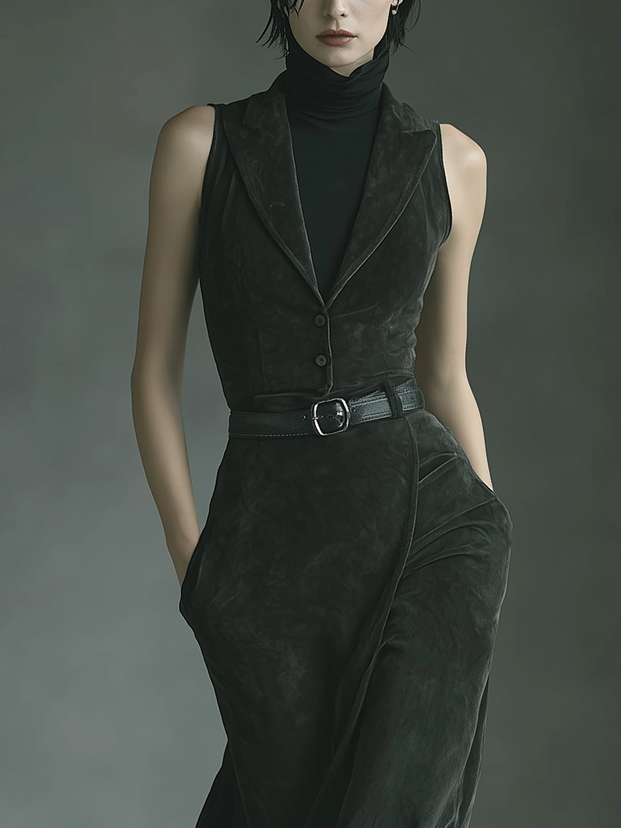 Women's Dark Grey Faux Suede Sleeveless Dress With Front Buttons And Pockets MDA1597L1T