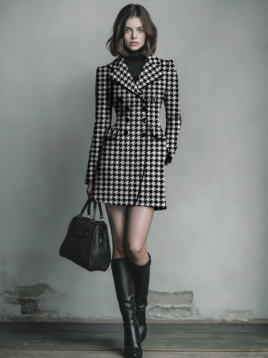 Women's Houndstooth Double-Breasted Mid-Length Coat MDA1692I3Y