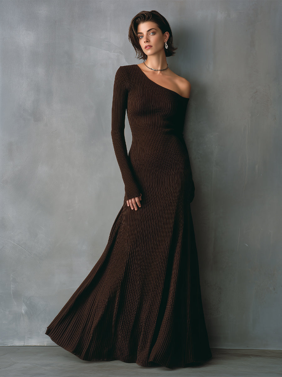 Women's Chocolate Brown Rib-Knit Glamorous Evening Gown With One-Shoulder Maxi Dress MDA2296J7I