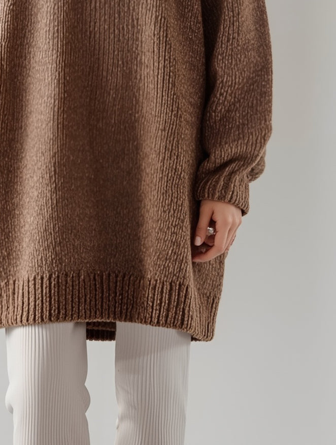 Women's Casual Camel-colored Zippered Adjustable Mid-neck Short Knitted Loose Sweater Dress MDA0748K5AN