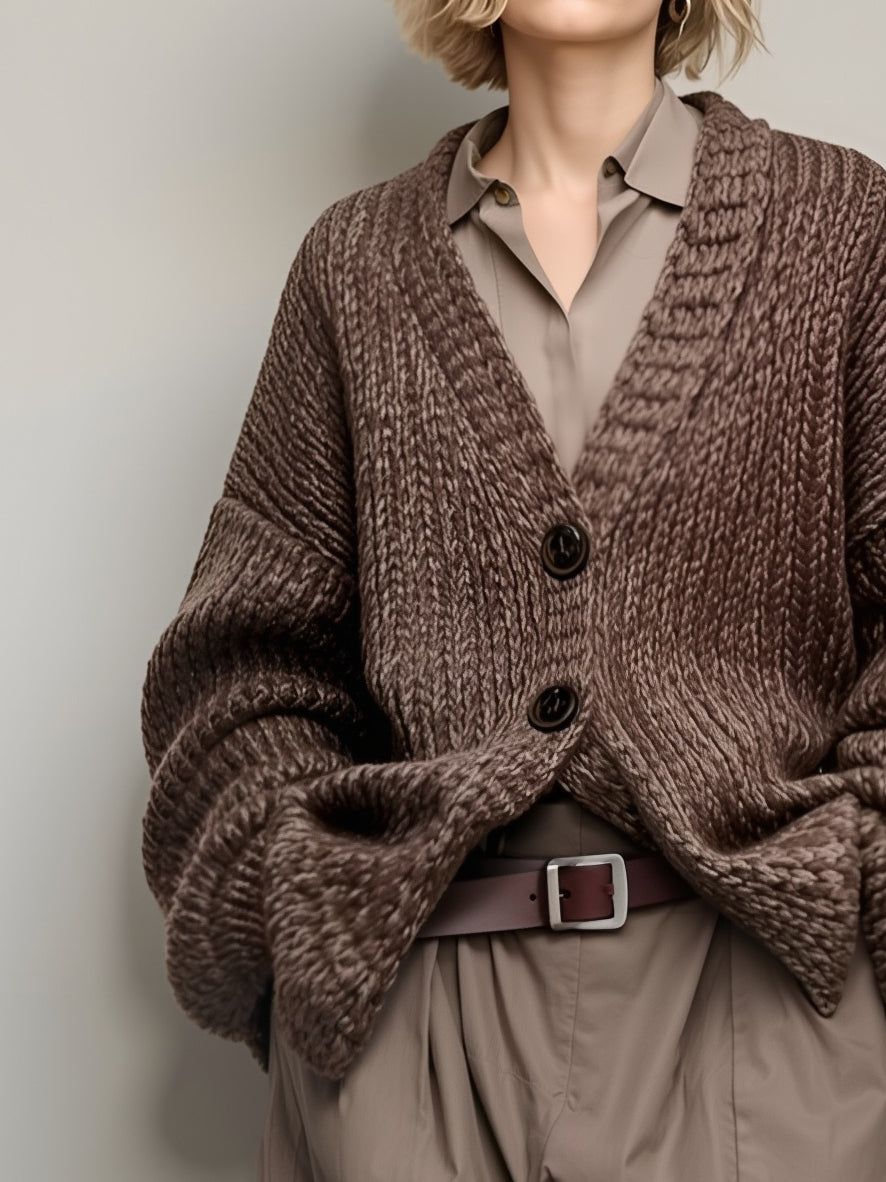 Women's Simple, Sophisticated, And Professional Dark Brown Oversized Cardigan Paired With Matching Wide-leg Trousers (belt Not Included) MDA0724K8AN