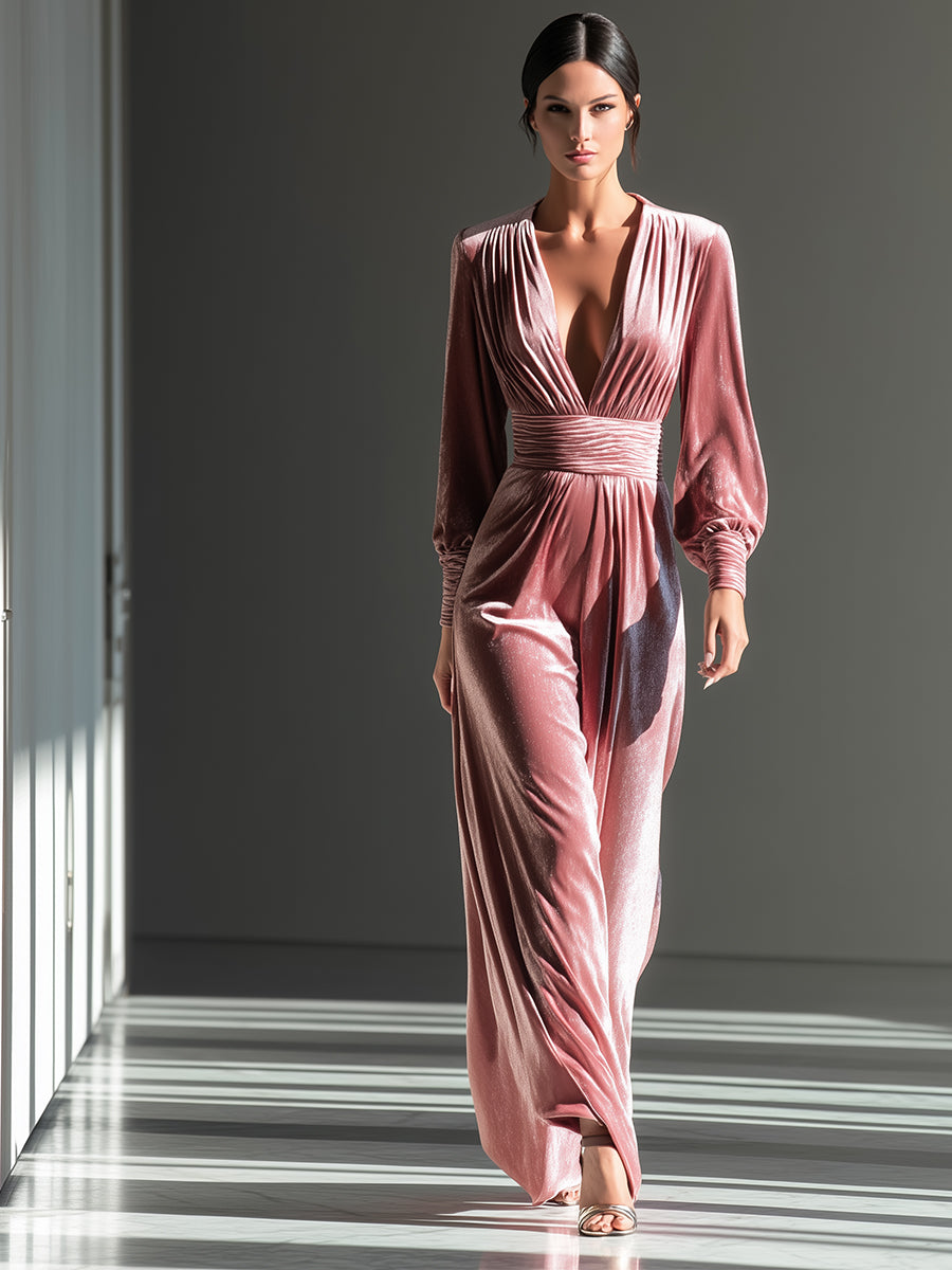 Women's Elegant Pink Velvet Plunge Neck Ruched Jumpsuit MDA0576H3I
