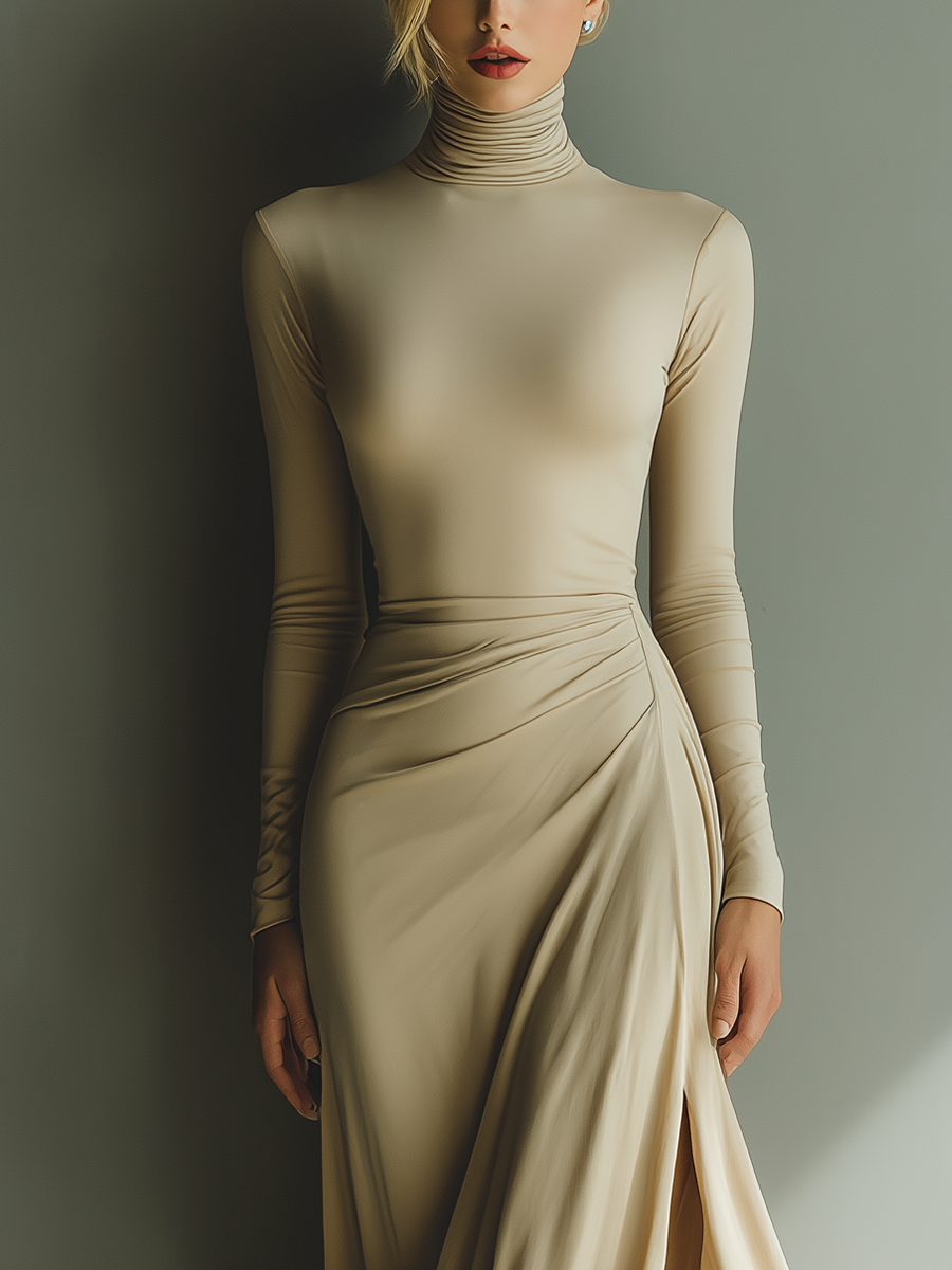 Women's Beige Stretch Knit Turtleneck Long-sleeved Pleated Long Dress With Slit MDA1209L1T