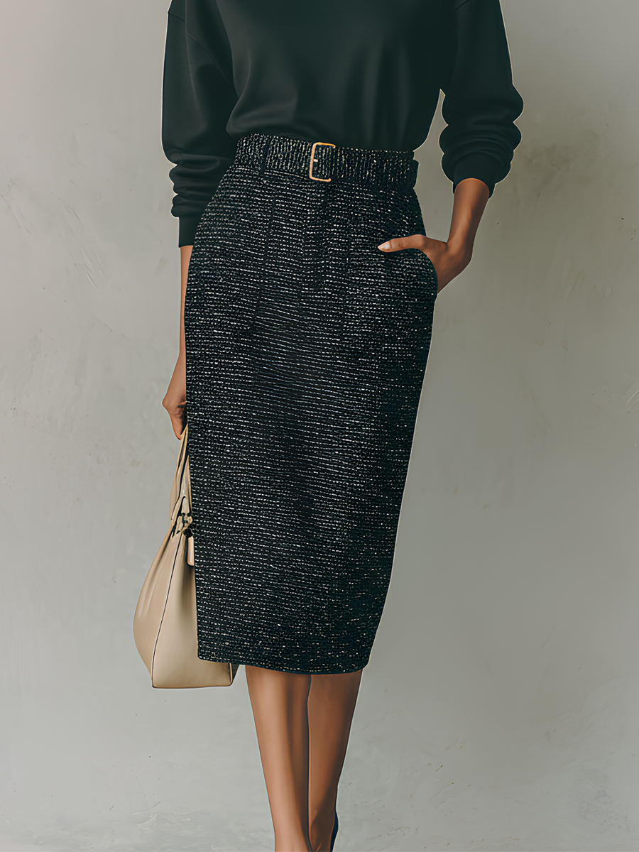 Women's Black Knit Top And Tweed Skirt Set MDA1571I9T