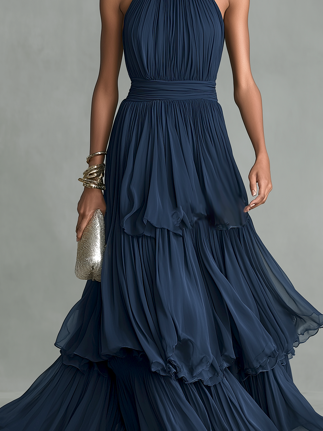 Women's Elegant Dark Blue Chiffon Halter Neck Sleeveless Long Dress MDZ2491B5AN