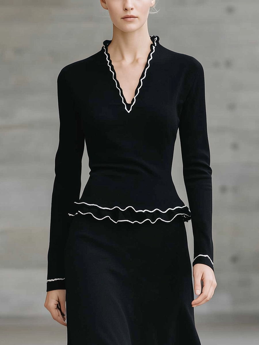 Women's Black Knit V-neck Top With White Trim And High-waisted Skirt Set MDA0519K3T