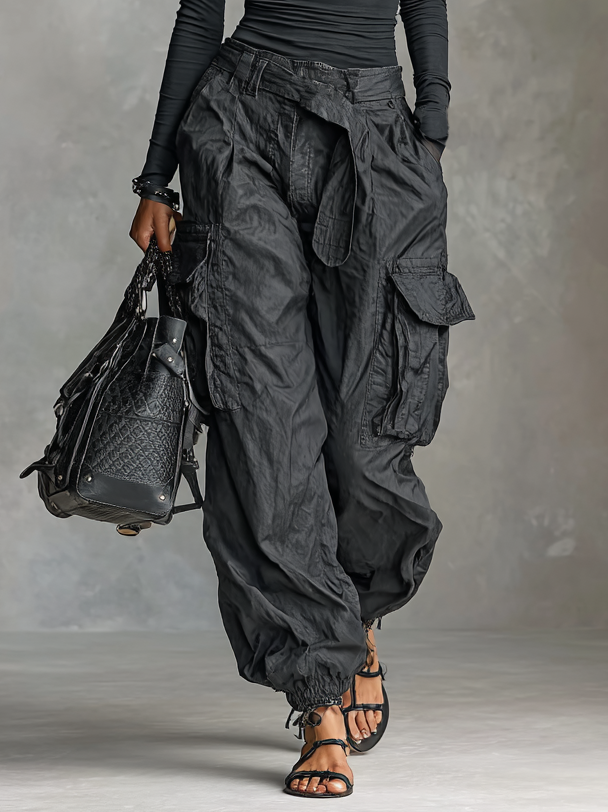 Women's Square Neck Long Sleeve T-Shirt Multi-Pocket Cargo Pants Two-Piece Set MDA2588G0Y