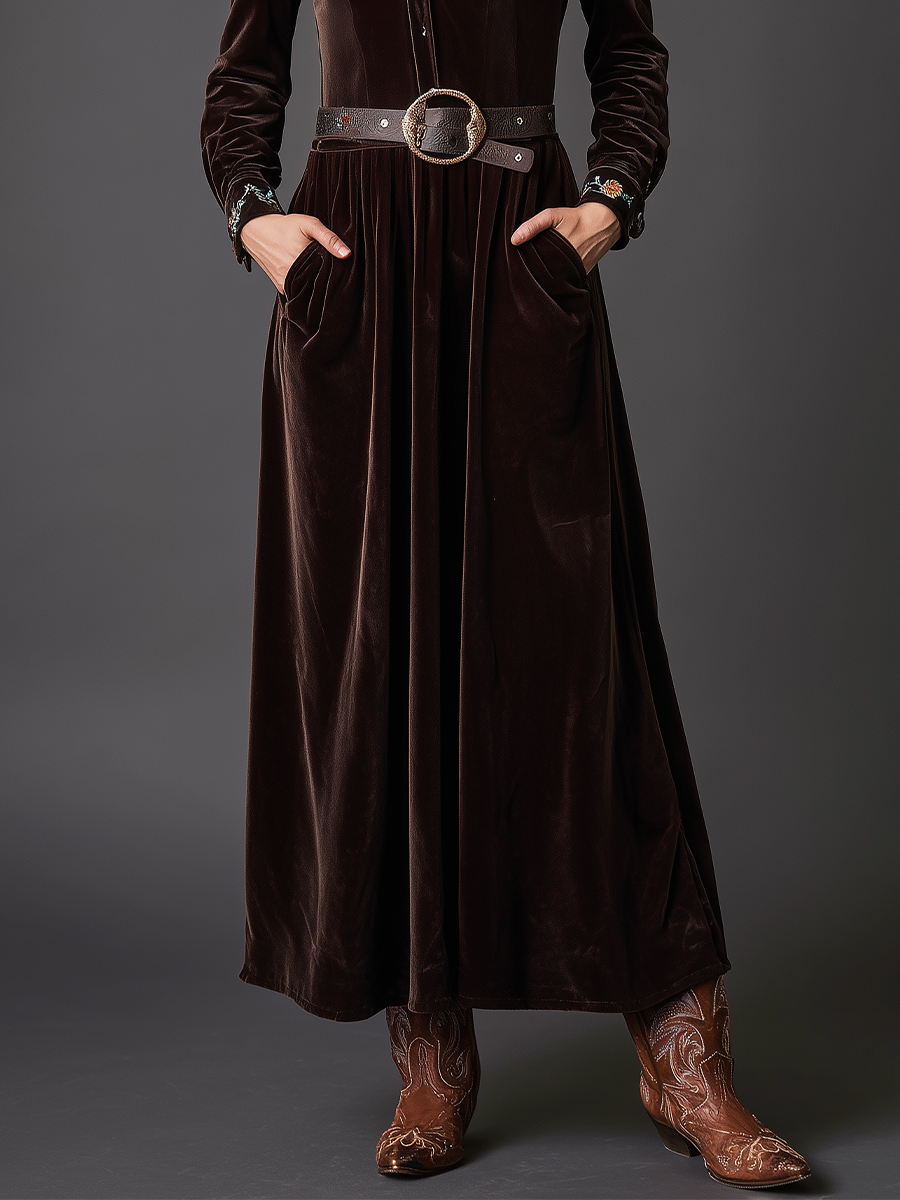 Women's Dark Brown Velvet Embroidered Waist-cinching Maxi Dress MDA0199K9T