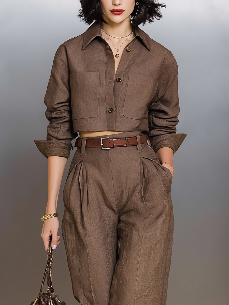 Women's Dark Brown Cotton And Linen Blend Short Top And Trousers Set MDA1590I1T