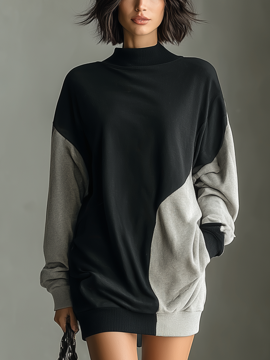 Women's Black And Gray Colorblock Loose Simple Mini Dress MDA2601I6T