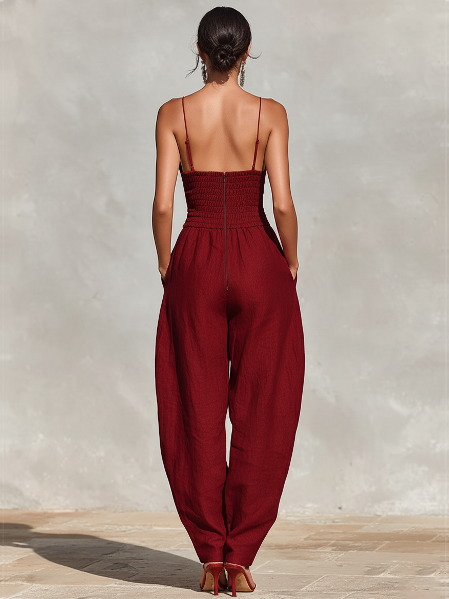 Women's Red Linen Jumpsuit With Spaghetti Straps & High-Waisted Pleated Pants, Timeless Romantic-Elegant Style Jumpsuit MDZ1915C8I