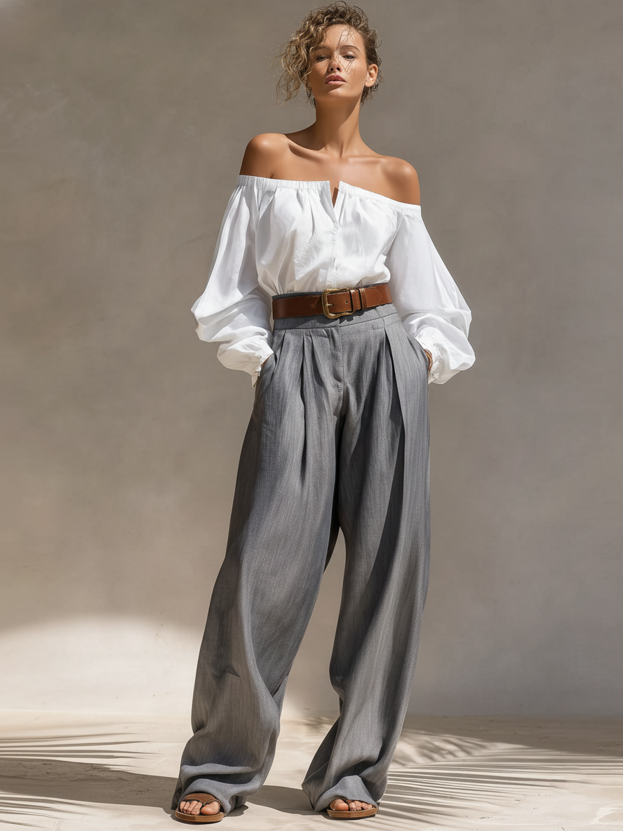 Women's Minimalist Off-the-shoulder Long-sleeved Shirt And Wide-leg Pants Set MDA0925L8Y