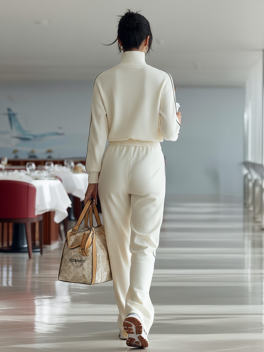 Women's Casual Ribbed Black Trim Zipper Half Turtleneck Sports Set MDA2436I5Y