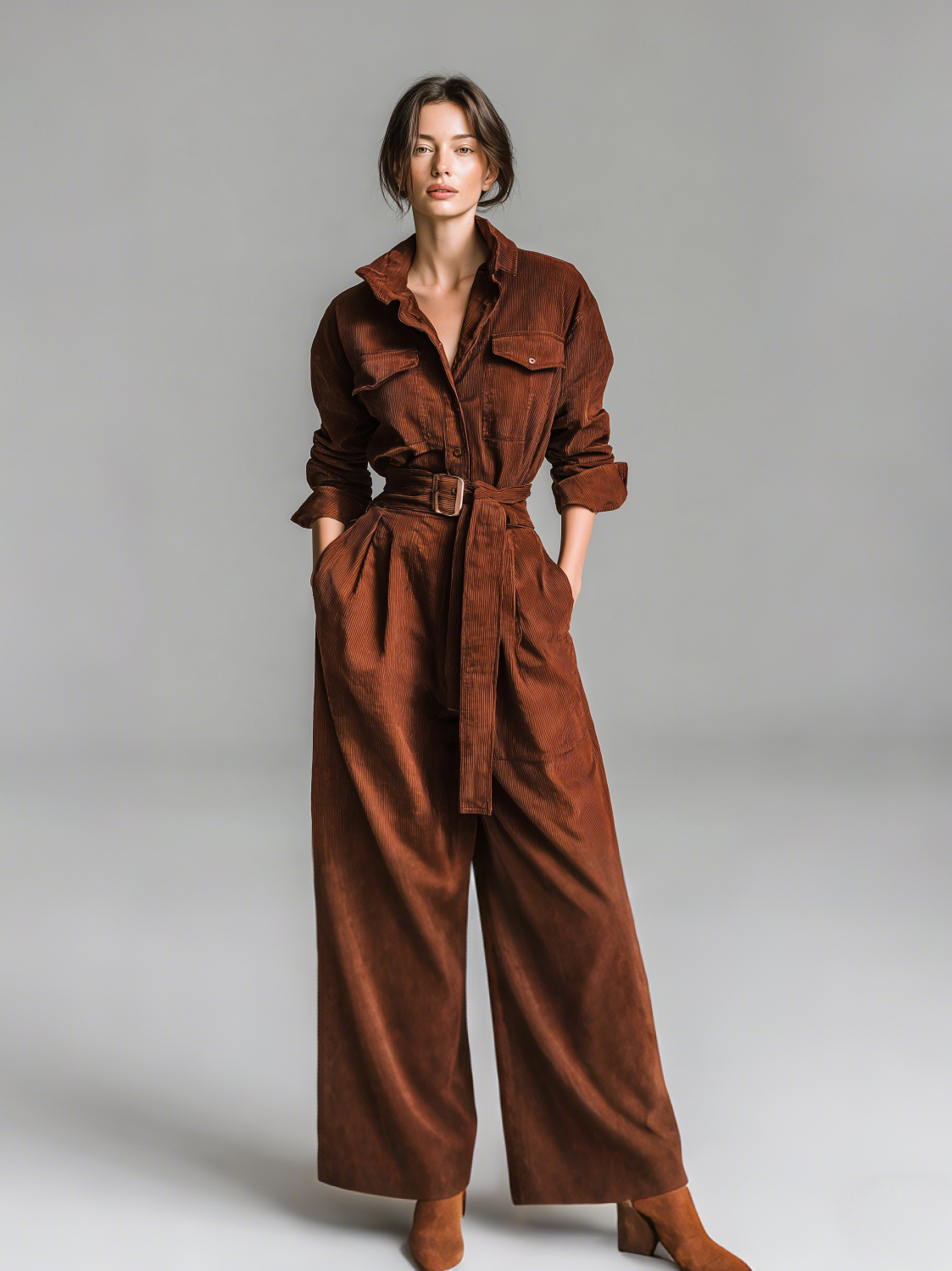 Women's Elegant Reddish-brown Corduroy Long-sleeved Shirt Collar Jumpsuit With Belt MDA1966L4AN
