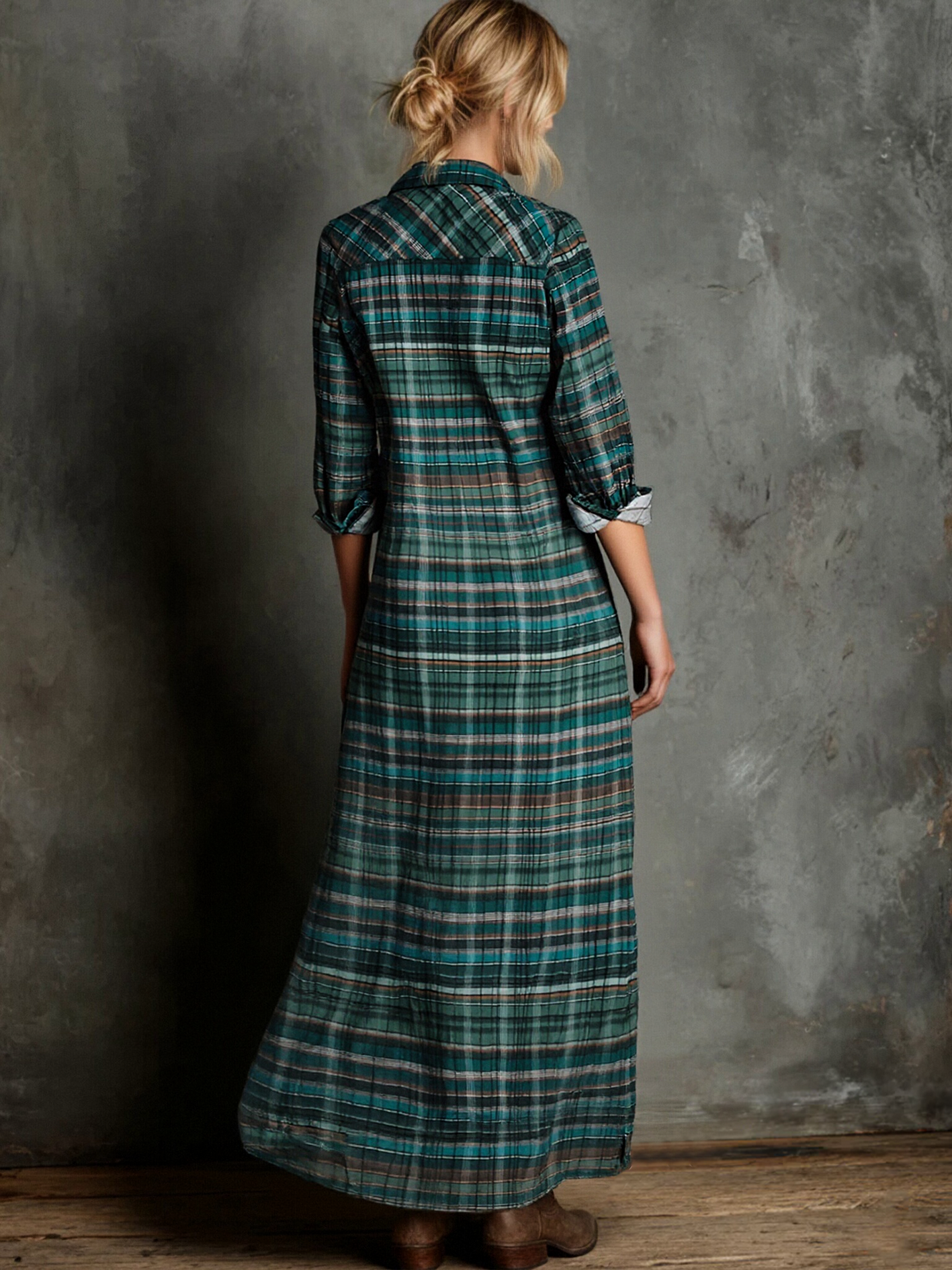 Women's Plaid Print Long-sleeved Shirt Maxi Dress MDA0514L8Y – Modesees